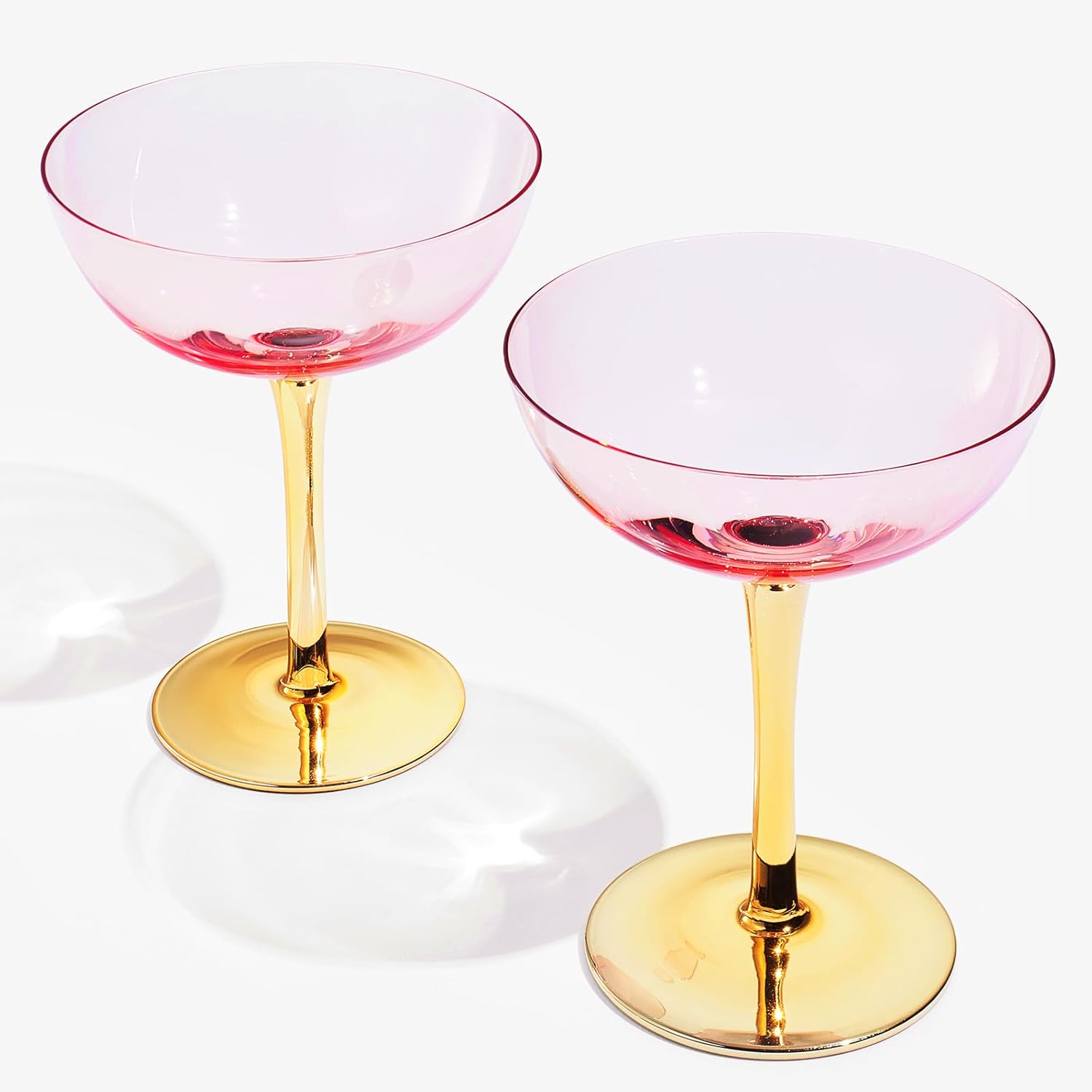 Pink Blush & Gold, Colored Coupe Art Deco Glasses | Set of 4 | 12 oz Cocktail Glassware - Champagne, Martini, Manhattan, Sidecar, Crystal Speakeasy Style Goblets Stems, Vintage Classic Gatsby Coupes