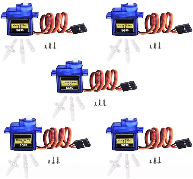 MMOBIEL 5 Pcs SG90 9g Micro Servo Motor Kit for RC Drone / Car / Airplane / Helicopter / Vehicles / Robots / Compatible with Arduino Projects and Raspberry Pi Incl. Screws and 15 Servo Arms