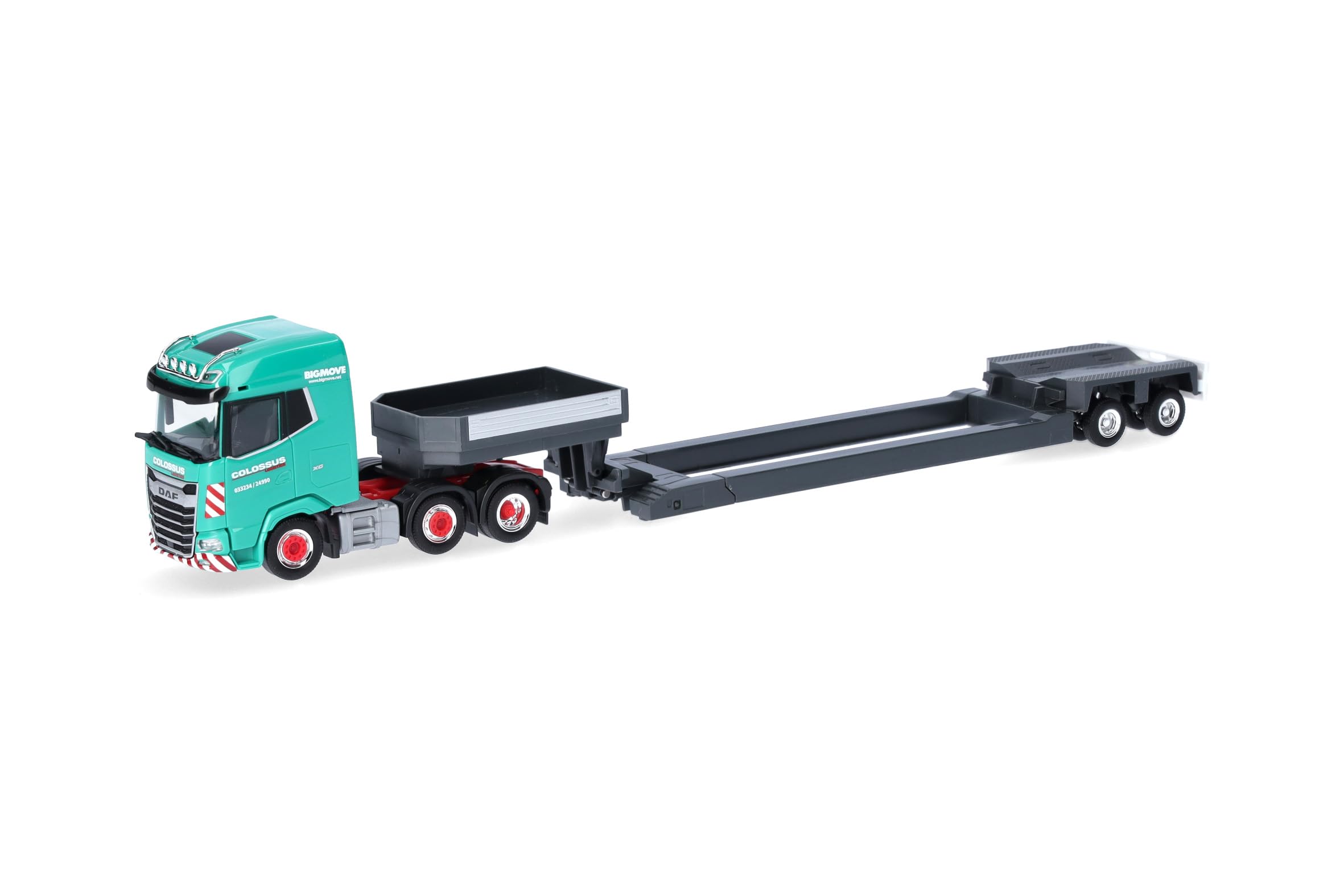 Herpa truck model DAF XG (6x2) low-loader articulated truck “Colossus Logistics”, on a scale of 1:87, plastic miniature, made in Germany, collectors edition