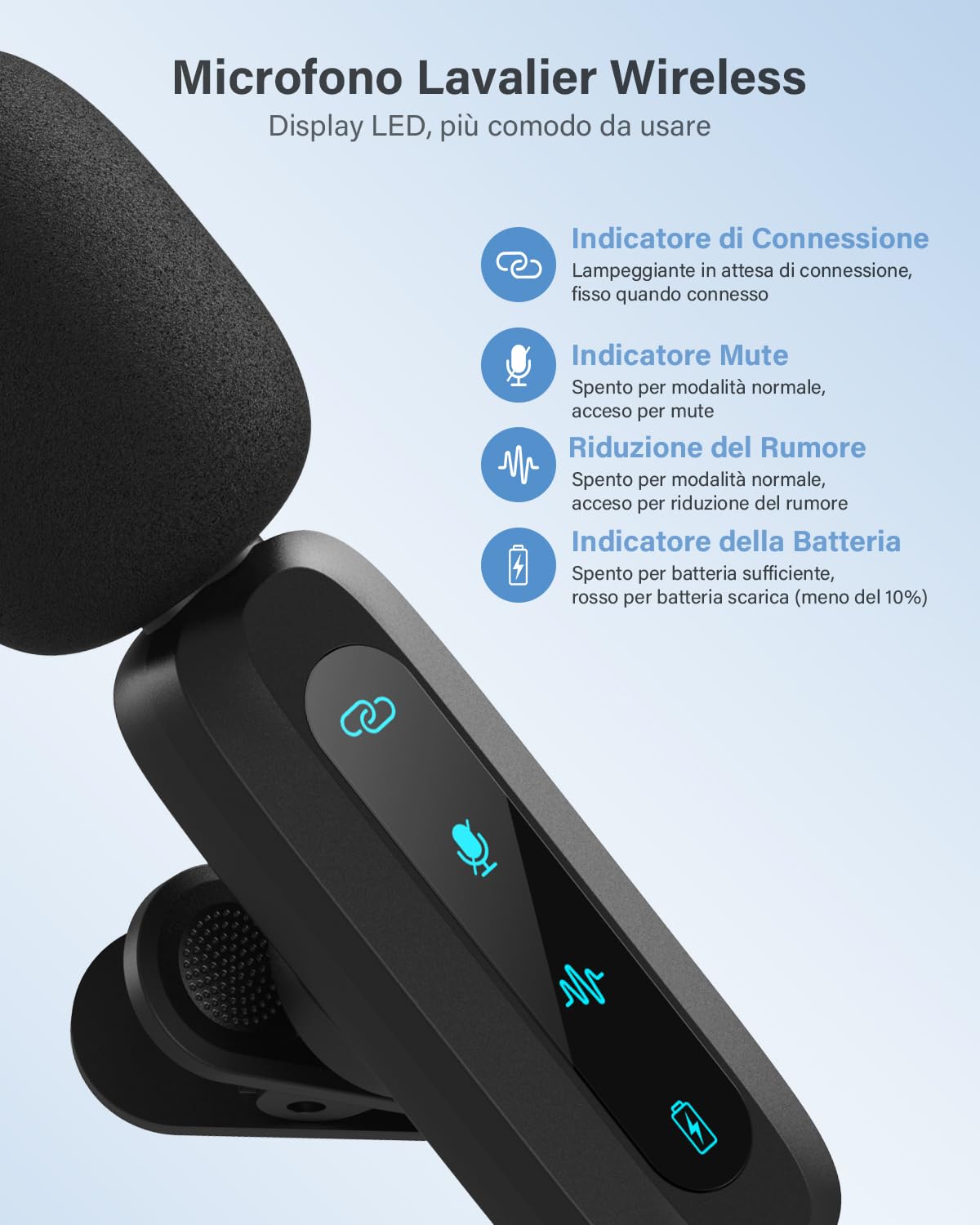 Microfono Lavalier Wireless per iPhone, iPad, Telefoni Android, Microfono Wireless con Riduzione del Rumore, Accoppiamento Automatico, Mute e Riverbero per Vlogging e Registrazione Video