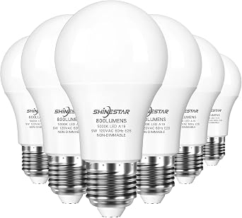 SHINESTAR E26 Base 5000K LED Light Bulb, 800 Lumens, 60W Equivalent Standard A19 White LED Bulb 9W, 80+CRI, Daylight Light Bulbs for Indoor Outdoor