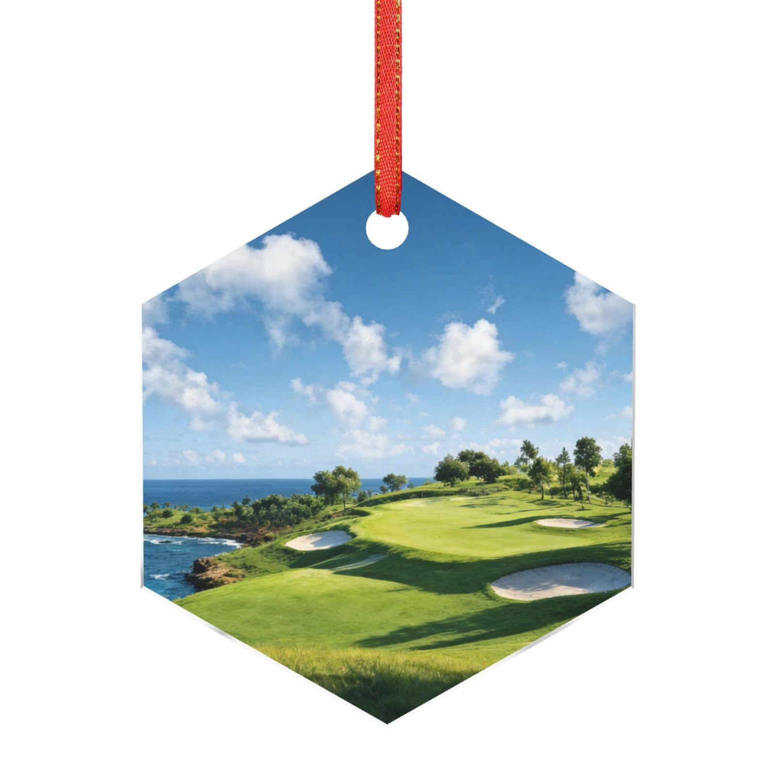 Acrylic Ornament Christmas Tree Decoration Clear Round Pendant with Red Ribbon Golf Course Christmas Ornaments Indoor Outdoor Hanging Acrylic Pendants for Xmas Party Decor
