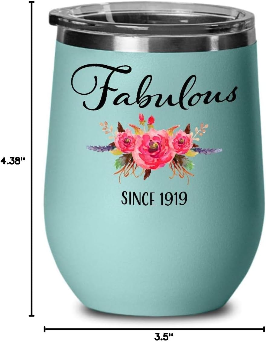 Fabulous Since 1919 Wine Tumbler - 101st Birthday Gifts for Women 101 Year Old - Mom Aunt Elderly Grandma - Unique Wine Glass with Lid - Teal