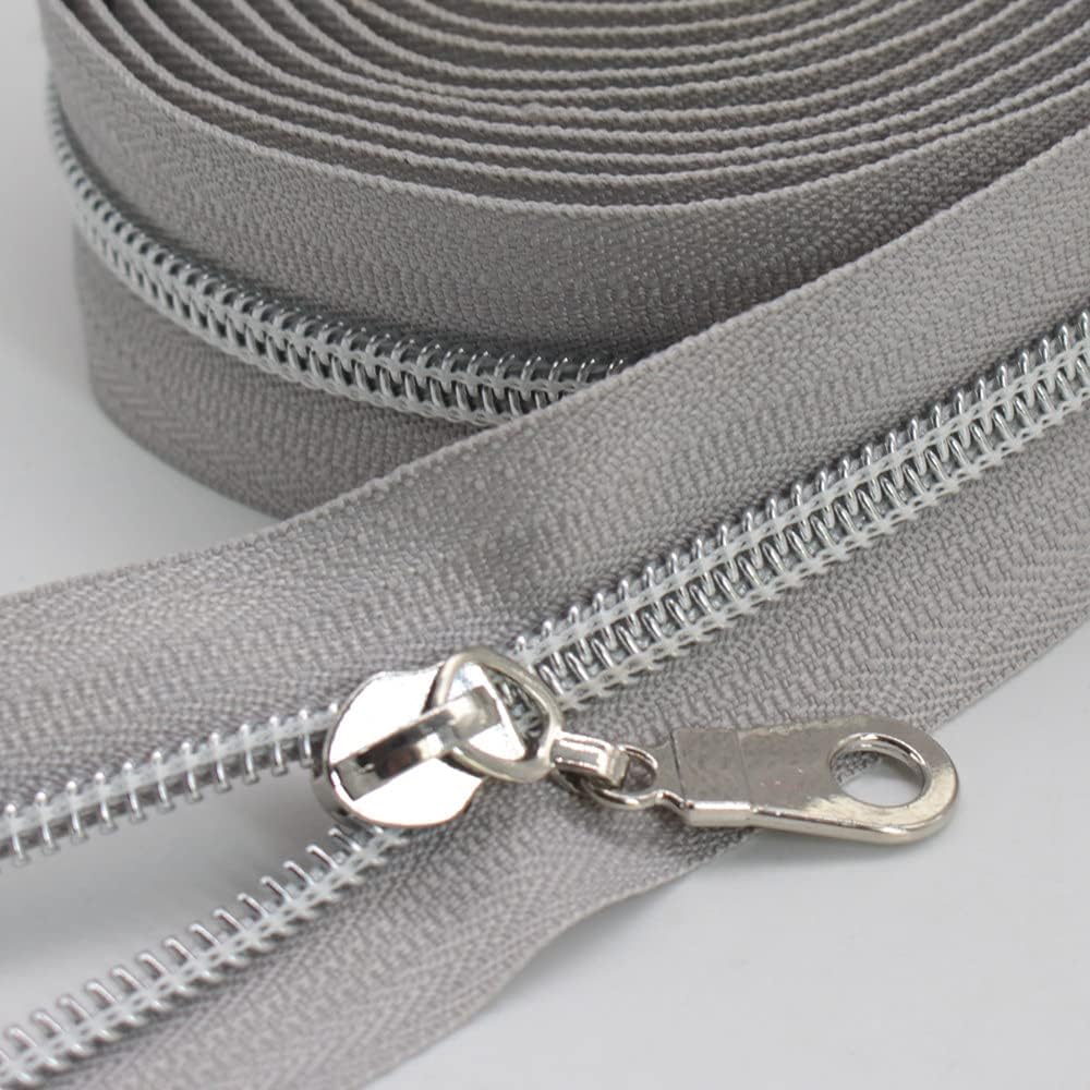 YaHoGa #5 Silver Metallic Nylon Coil Zippers by The Yard Bulk White 10 Yards with 25pcs Sliders for DIY Sewing Tailor Craft Bag (Silver White)
