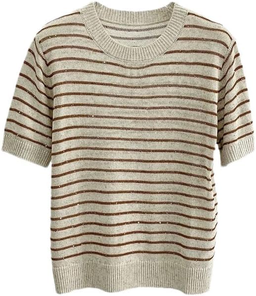 Women's Striped Sequined Crew Neck Knit Sweater