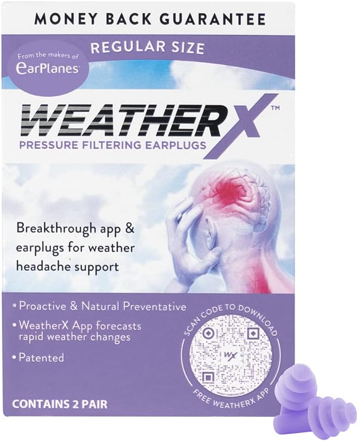 WeatherX Ear Plugs for Weather related Migraines Headache Mobile App to notify barometric pressure changes leading to migraine, drug & Latex free, with Carry Case, MigraineX Migrainex