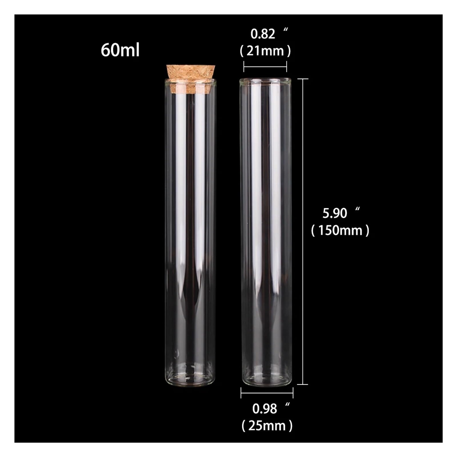 Reagenzgläser 24 Stück/Los 30 ml/40 ml/50 ml/60 ml kleine Reagenzgläser aus Glas mit Korkstopfen, Dragees-Gläser for Hochzeit, DIY-Handwerk(60ml - 25 x 150mm)