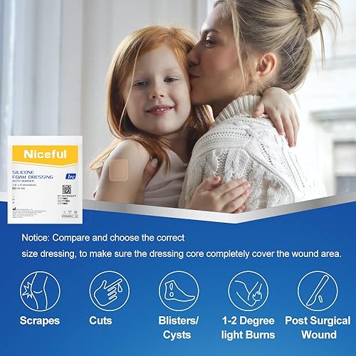 Miniatura 33 de Apósito de espuma de silicona de 4 x 4 pulgadas, vendajes de silicona impermeables con adhesivo de borde, vendajes de alta absorción, vendajes