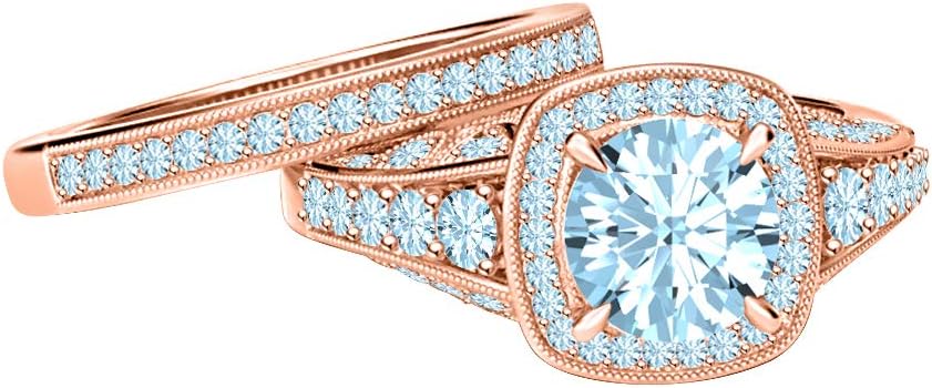 5.50Ct Round Cut Aquamarine Solid 18K Gold Plated Wedding Halo Bridal Ring Set Valentine's Day Special For Womens.