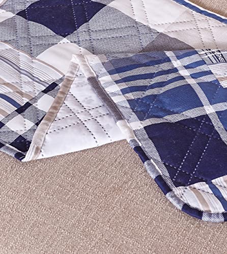 Brilliant Sunshine Blue Plaids And Stripes Patchwork Quilted Recliner Slipcover, 26" Seat Width, Slip Resistant Furniture Protector, 2" Strap, Washable Reclining Chair Cover For Kids, Dogs, Cats, Blue #TOP6