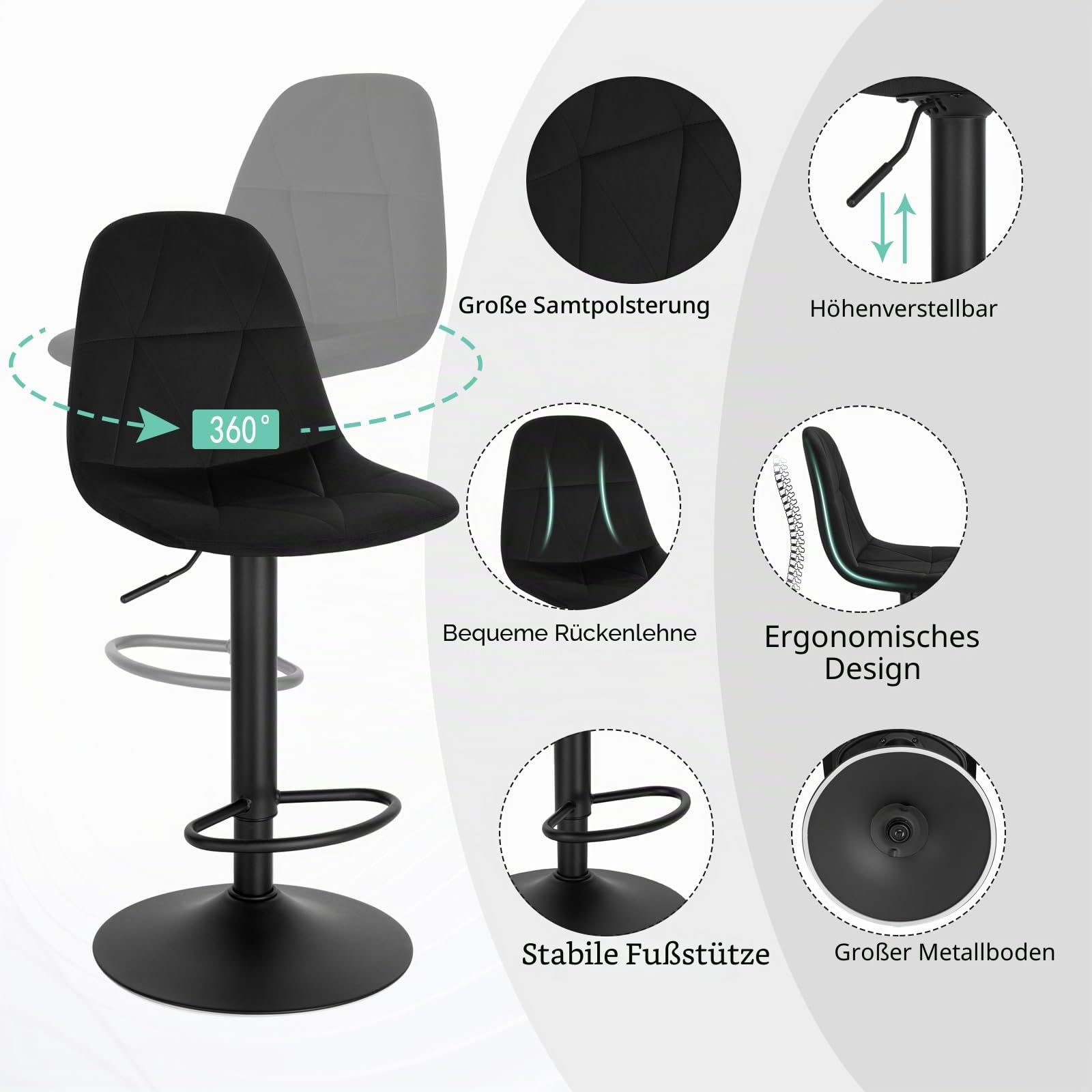 Lestarain Barhocker, Tresenhocker, Bistrohocker, Design-Hocker mit Rückenlehne, höhenverstellbar, 360° Drehhocker, Barstuhl mit Samtbezug, aus Metall, Sitzhöhe 60-81 cm, schwarz, LBAI64003-1