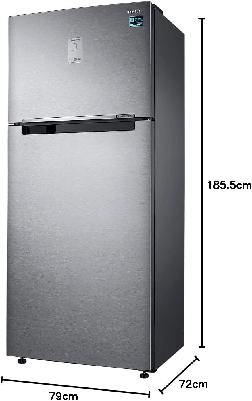Diagram showing the dimensions of the Samsung RT53K6257SL/SS fridge: 79cm width, 72cm depth, 185.5cm height.