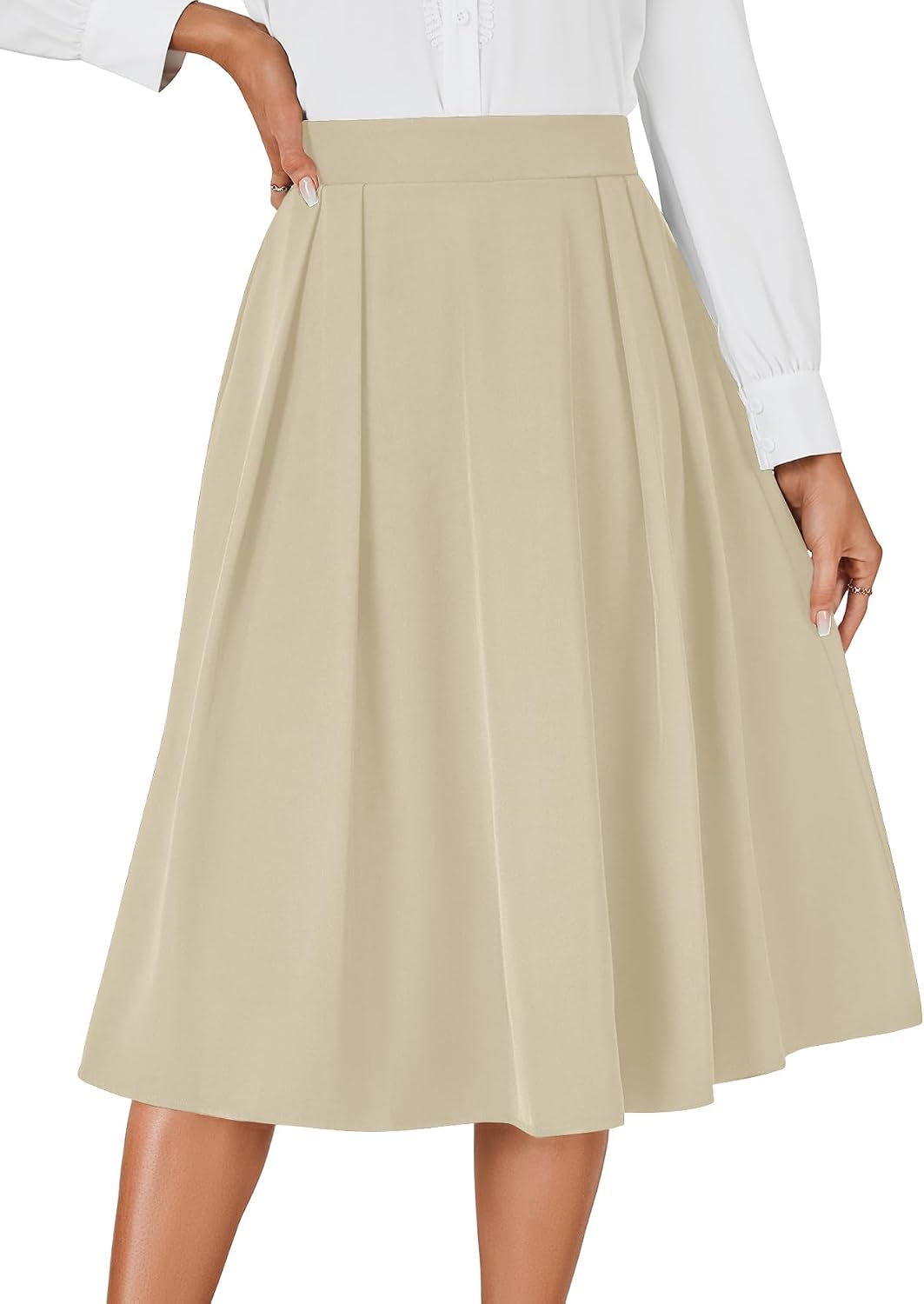 Vrtige Women's Vintage Skirt High Waist Pleated Tie Back Flared A Line Midi Skirt