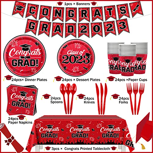 2023 Red Black Graduation Party Supplies(Sever 24) Congrats Grad Disposable Tableware Set-Paper Plate Cup Napkin Cutlery,Tablecloth,Banner For Class Of 2023 Decorations Graduation Party Supplies #TOP1