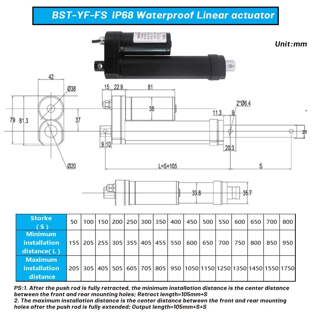 Siłownik liniowy IP68 24 V z wysokim ciągiem i skokiem od 50 do 450 mm (30 mm-s 300N, 50 mm)