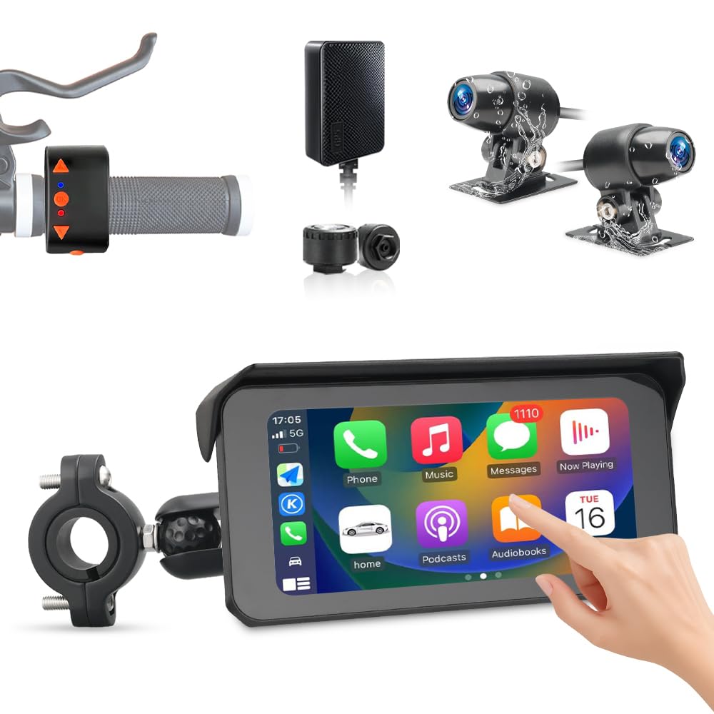 VSYSTO Dual 2K Wireless Carplay Motorrad Dashcam, 6,25 Zoll Touchscreen, 5G WLAN, Parküberwachung, Reifendrucküberwachung, Rückfahrmodus, GPS, kabelgebundener Controller, Temperaturanzeige (CS6)