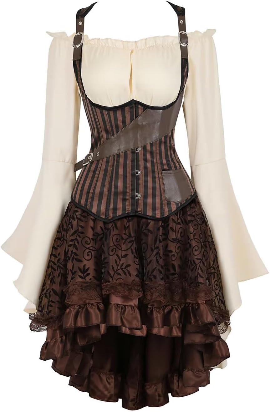 Underbust Steampunk Corset Dress Leather Basques and Bustier Skirt Asymmetry lace Pirate Costume Gothic