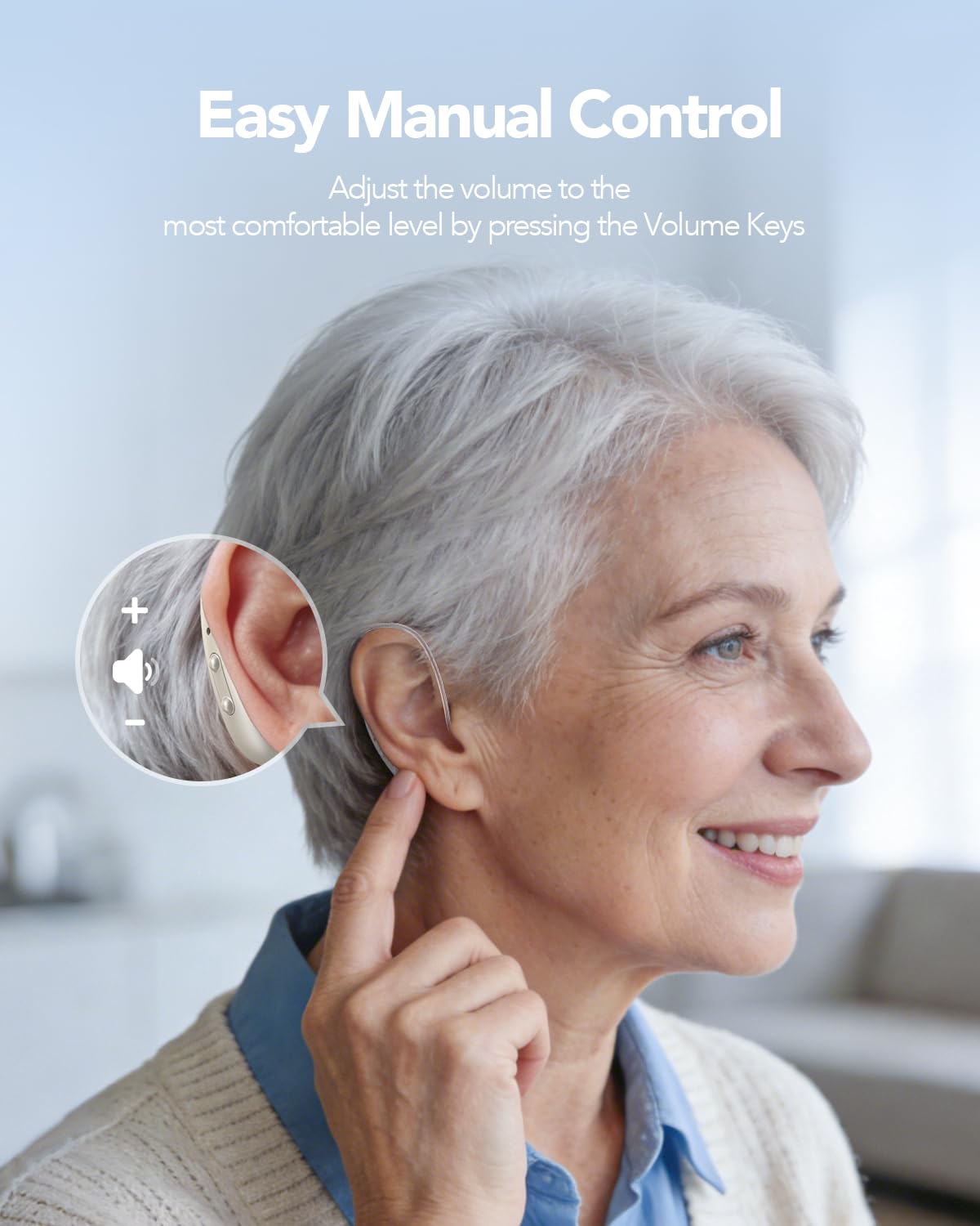 Rechargeable OTC Hearing Aids Designed Specifically for Seniors with Hearing Loss, Featuring Intelligent Noise Reduction and Echo Cancellation for Clear Sound Quality, Compact and Comfortable Discreet Fit, One-Touch Control, White