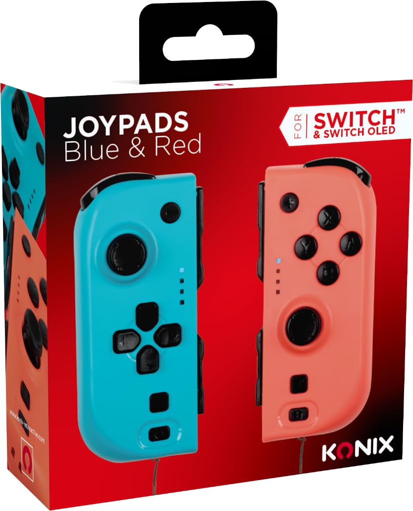 Konix Paire de manettes Joypads Nintendo Switch et Switch OLED - Compatible Nintendo Switch 2 - Autonomie 8 h - Fonction vibration - Bleu et rouge