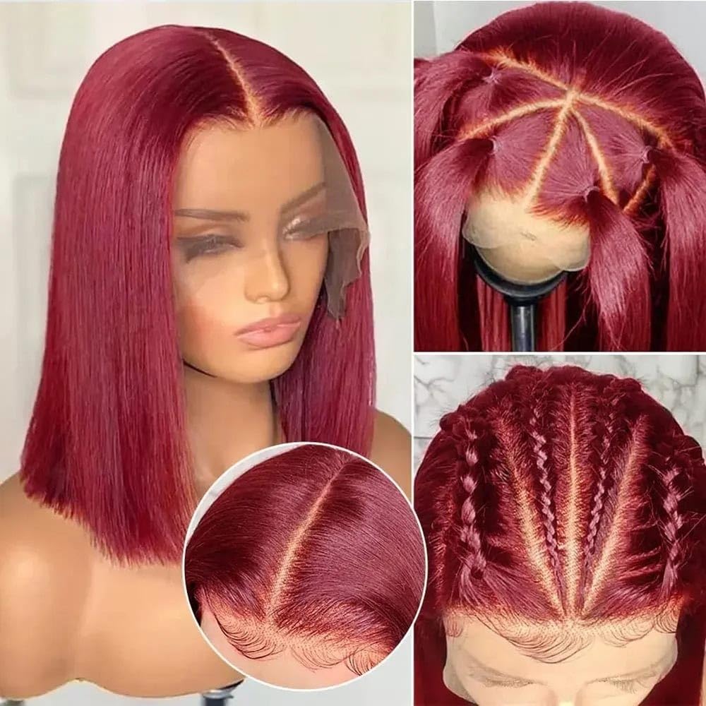 Gotowe do noszenia peruk 99J Proste krótkie peruki typu Bob Włosy ludzkie wstępnie wyrwane T część koronkowa peruka czołowa dla początkujących(14inches)