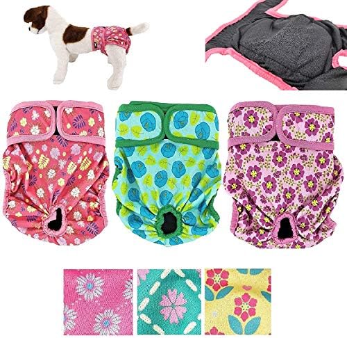 Pack of 3 Female Dog Diapers with 4 - Layers of Absorbent Pads Cat Panties Waterproof Leak Proof Washable (M: Waist 16" - 20", Flowers Pattern)