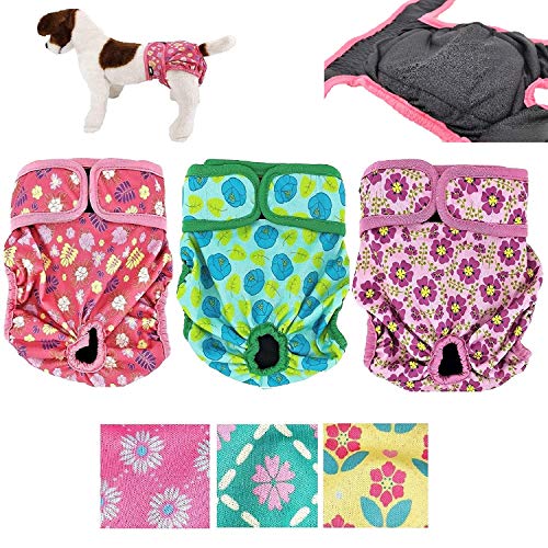 Pack Of 3 Female Dog Diapers With 4 - Layers Of Absorbent Pads Cat Panties Waterproof Leak Proof Washable (M: Waist 16" - 20", Flowers Pattern) #TOP1