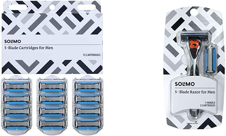 Solimo 5-Blade Razor Refills for Men with Dual Lubrication and Precision Beard Trimmer, 12 Cartridges (Fits Solimo Razor Handles only) & 5-Blade MotionSphere Razor for Men & 2 Cartridges