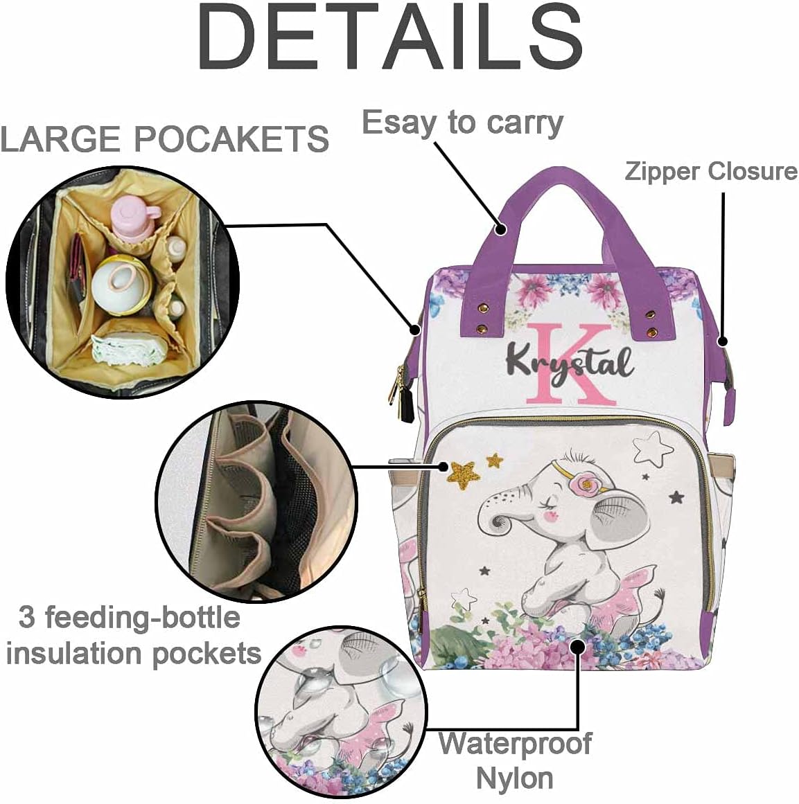 Artsadd Custom Elephant Diaper Bag with Name, Personalized Baby Girl Boy Diaper Bags, Backpack for Dad Mom Gifts