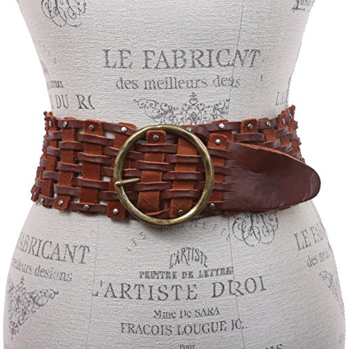 Women's 3" Wide Perforated Waist Braided Woven Solid Vintage Leather Round Belt2