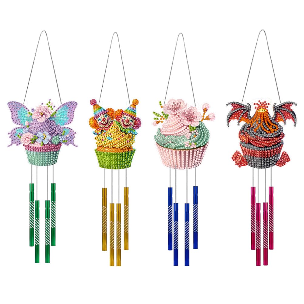 4pcs Diamond Art Suncatcher Kits -Crystal Gem Paint by Number Hanging Ornaments for Windows, Garden & Home Decor, DIY Wind Chime Craft for Adults(Cupcake)