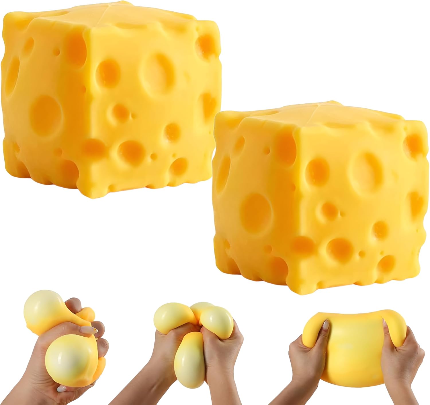 2Pcs Yellow Cheese Squishy Toys,﻿ Slow Squeeze Cheese Stress Ball，Big Cheese Block Squishy，Soft Stress Relieving Cubes Squishy Cheese，Recess and Work Gifts Suitable for Children and Adults