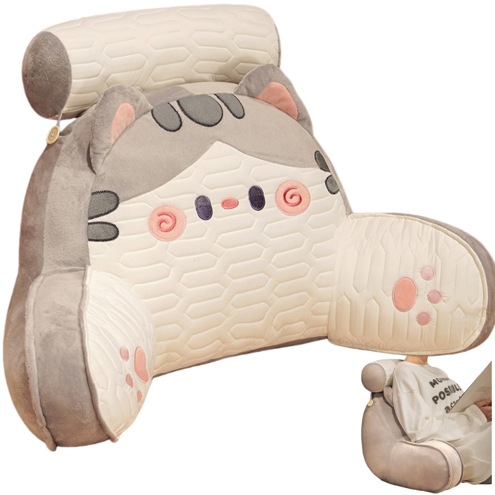 Lesekissen mit Armlehnen und Nackenrolle, Niedliches Katzen Bettsitzkissen für Bett und Sofa, Ergonomisches Rückenkissen XXL, Weiches Plüsch Lesesitzkissen Für Lesen (Grau,75x50cm)