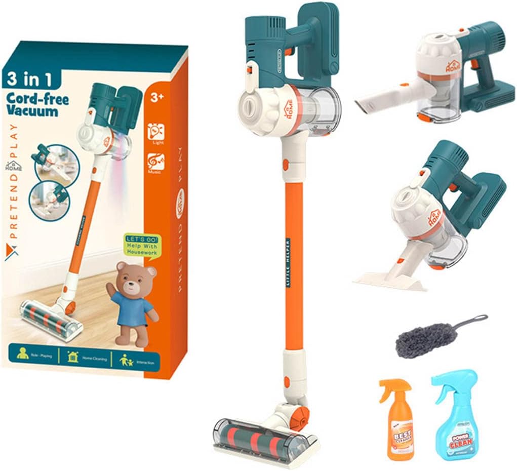Kids 3in1 Cordless Handheld Vacuum Cleaner Toy with Housekeeping Cleaning Kit Brush, Broom, Mop, Dustpan Pretend Play Set, Realistic Multifunctional Light & Music Role Playset for Ages 3+