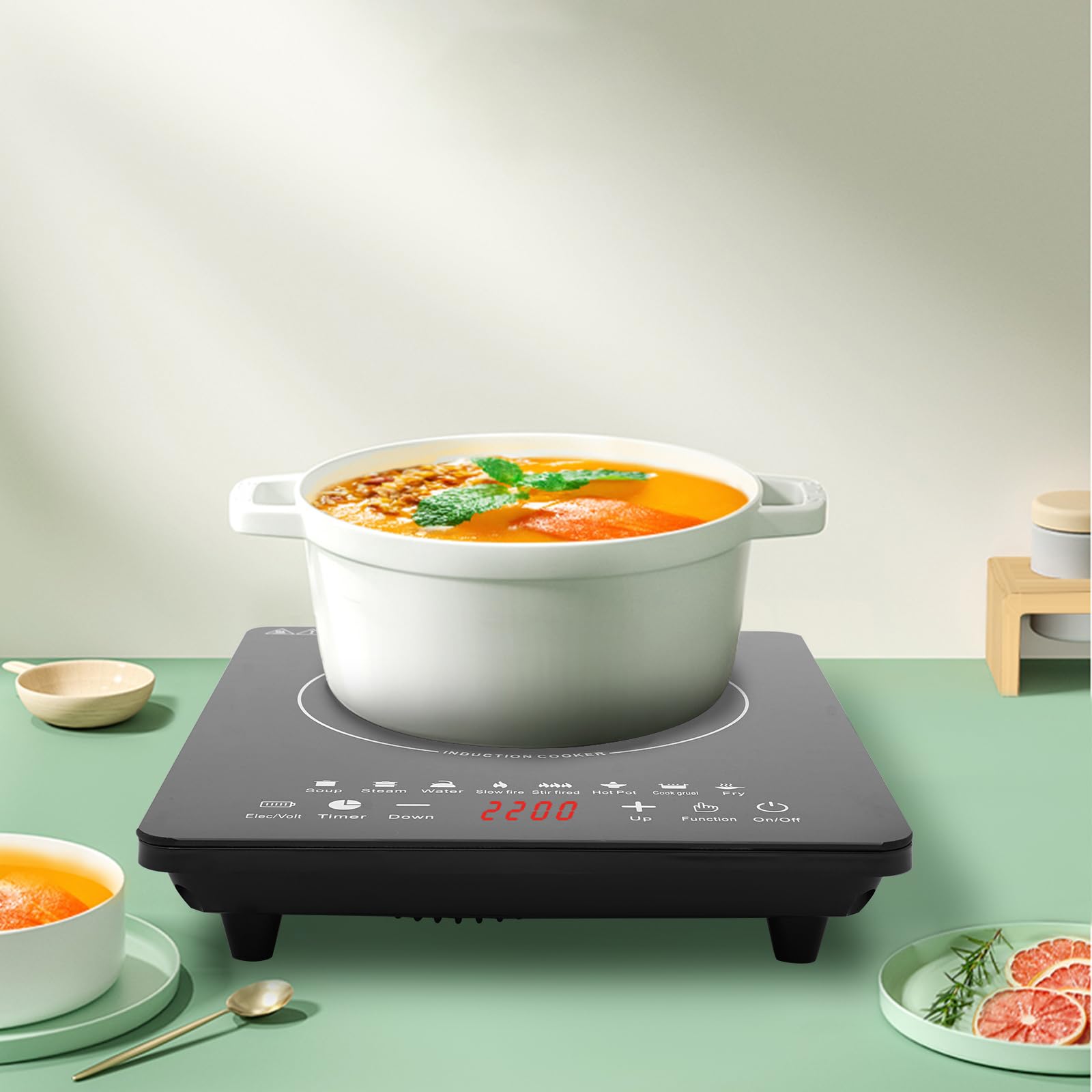 Quemador portátil de inducción para encimera, quemador de inducción eléctrico de 750 W con panel táctil, pantalla LED, temperatura ajustable de 140 a 464 ℉, cocina de placa caliente para cocina 7