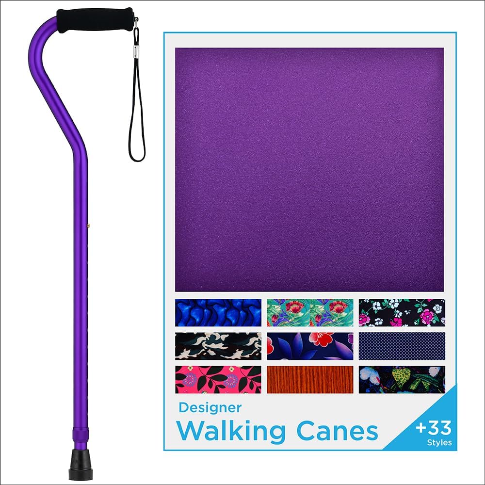 NOVA Medical Products Designer Walking Cane with Offset Handle, Lightweight Adjustable Walking Stick with Carrying Strap, Purple
