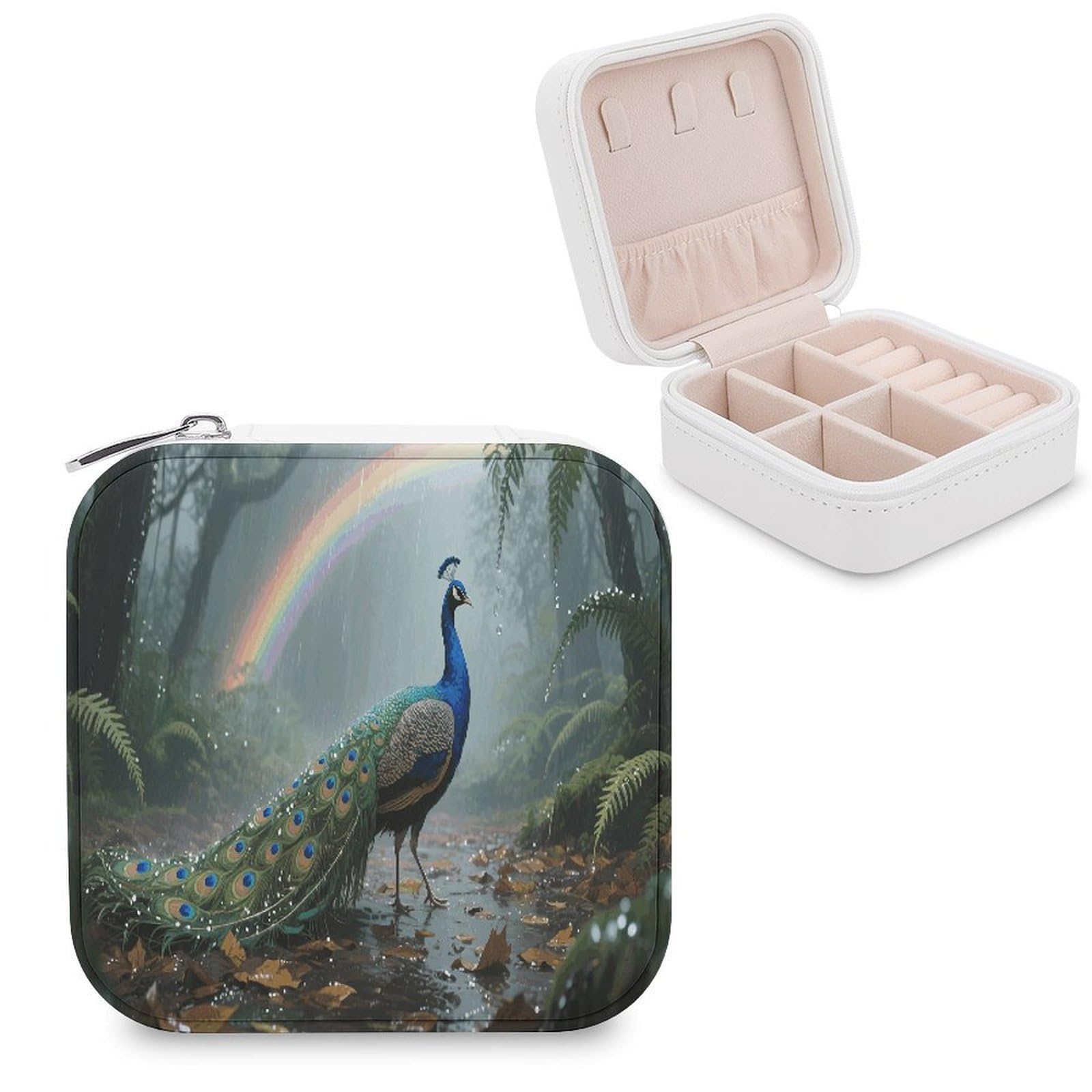 VstaDank Forest Peacock Jewelry Organizer Travel Case for Women With Zipper Mini Jewelry Case PU Leather Jewelrys Box for Rings Necklaces Bracelets Earring Holder Organizer Storage