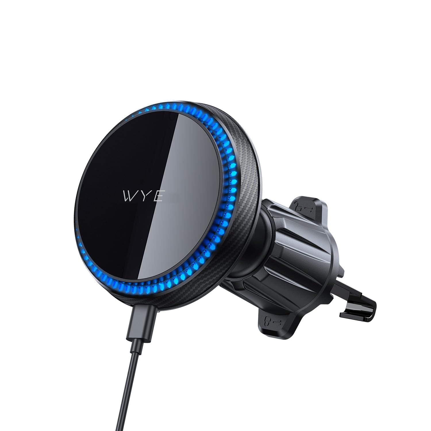 WYE Supporto per bocchetta dell'aria da 15 W, ricarica wireless veloce, magnete MagCharge, girevole a 360°, indicatore di carica LED, adatto per dispositivi da 6,1 a 6,9 pollici (nero)