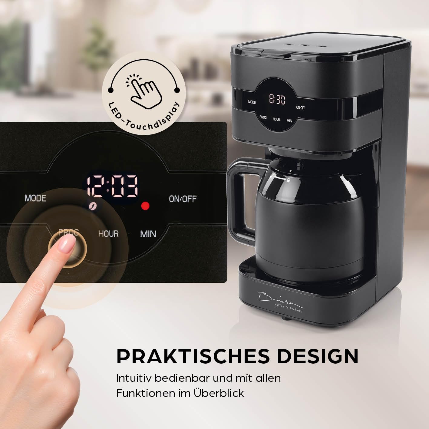 Barista przelewowy ekspres do kawy z dzbankiem termicznym | timer 24 h i filtr stały | na 8 filiżanek kawy | ekspres do kawy w proszku [czarny]