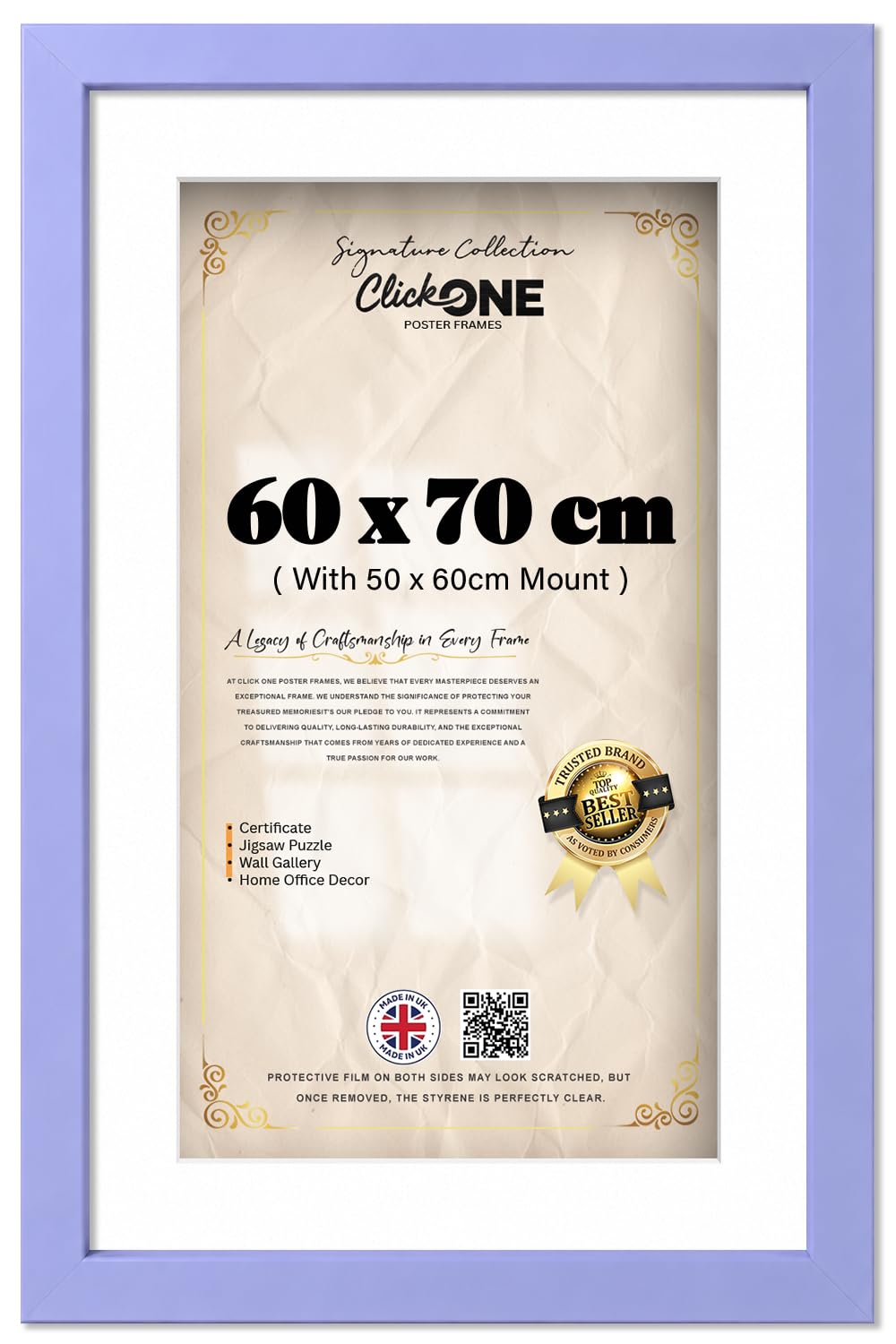 Click One Elegant Rectangle Poster Frame 60 X 70 Cm With 60 X 50 Cm White Mount And Crystal Clear Perspex Front 28 X 24 Inch For Vertical And Horizontal Display In Purple Homes And Art Galleries