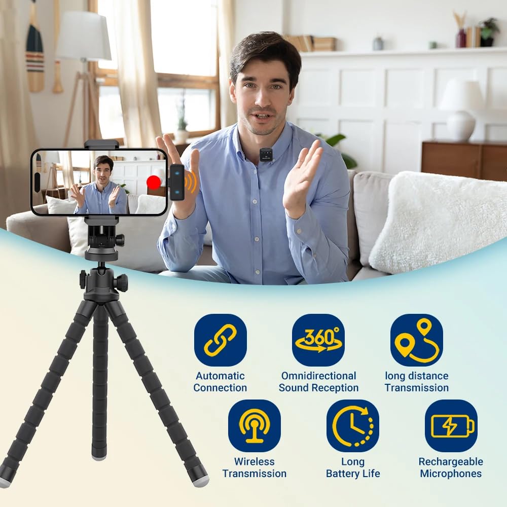 Micrófono Lavalier Inalambrico con Micrófonos Duales Compatible iPhone&Android Plug&Play Mini Micrófono Reducción de Ruido Inteligente para Transmisión en Vivo y Grabación de Vídeo