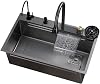 MBROS Black Nano Kitchen Sink 304 شلال من الفولاذ المقاوم للصدأ حوض واحد محطة عمل حوض المطبخ مع سطح متعدد الوظائف تحميل صنبور المطر الطائر ، حوض المرافق لغرفة الغسيل