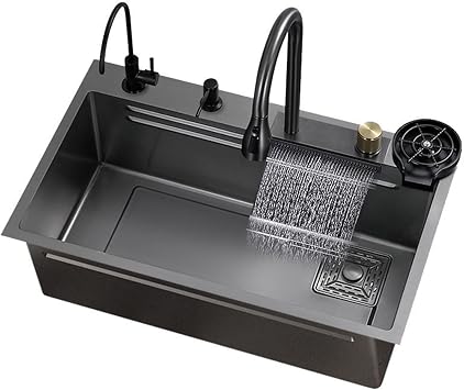 Black Nano Kitchen Sink 304 Stainless Steel Waterfall Sink Single Bowl Workstation Kitchen Sink with Multifunctional Top Loading Flying Rain Pull-Out Faucet, Utility Sink for a Laundry Room