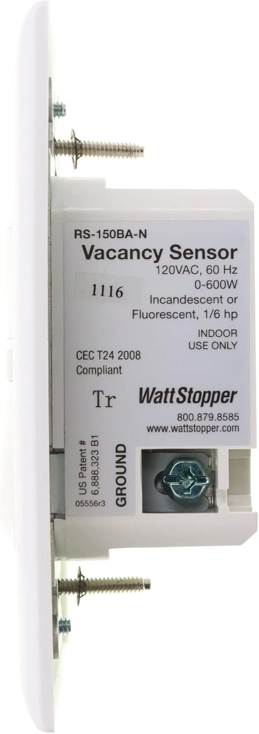 Side view of WattStopper RS-150BA-N-W Motion Sensor with model and electrical specifications