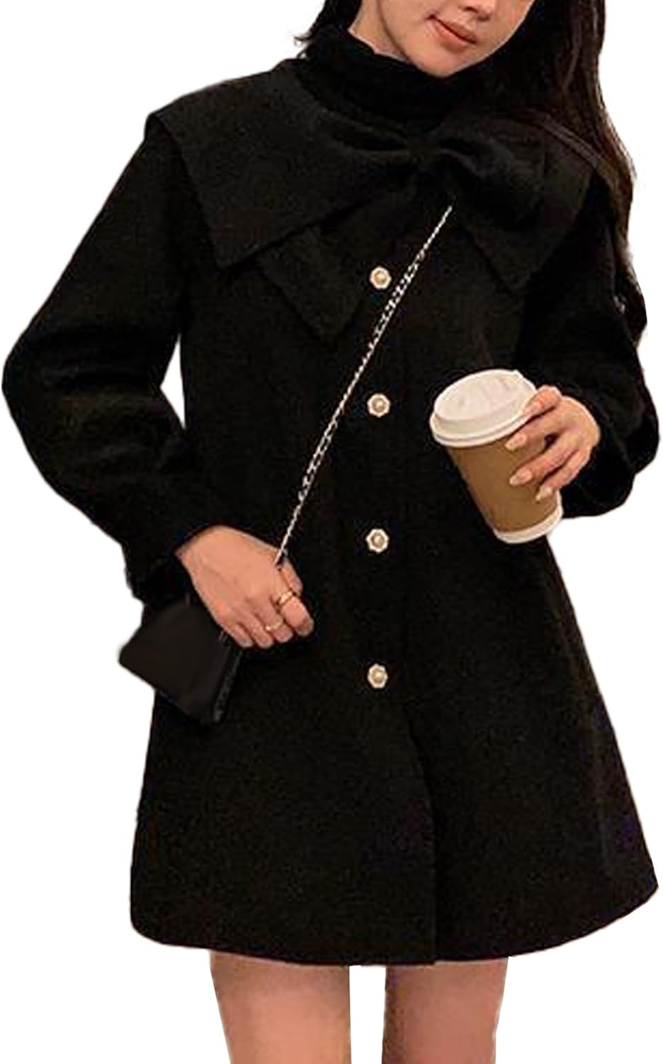 SOMTHRON Women's Cute Trench Coat Bow Lapel Single Breasted Jacket Pea Coat A Line Wool Blend Overcoat