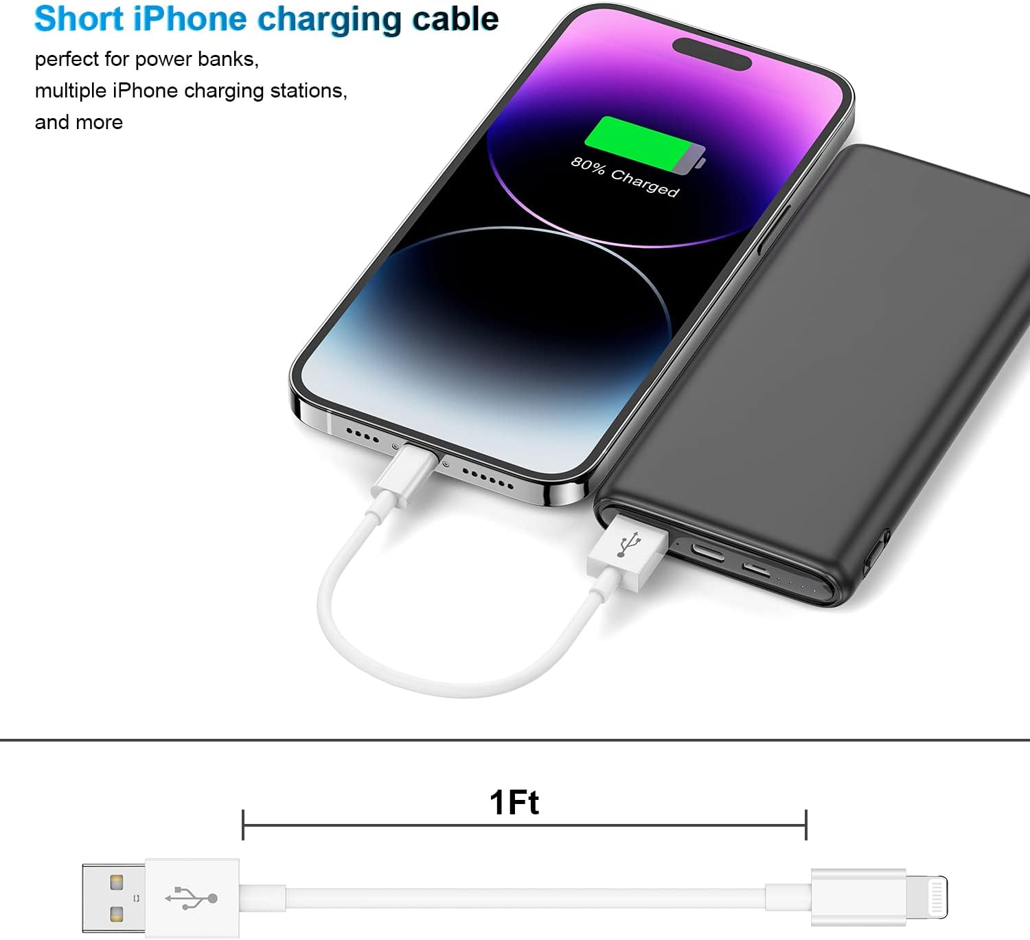 3 Pack Apple MFi Certified Short iPhone Charger Cable 1Ft, Apple Lightning to USB Cable Cord 1 Foot, 2.4A Fast Charging, Apple Phone Chargers for iPhone 13/12/11/11Pro/11Max/ X/XS/XR/XS Max/8/7/6