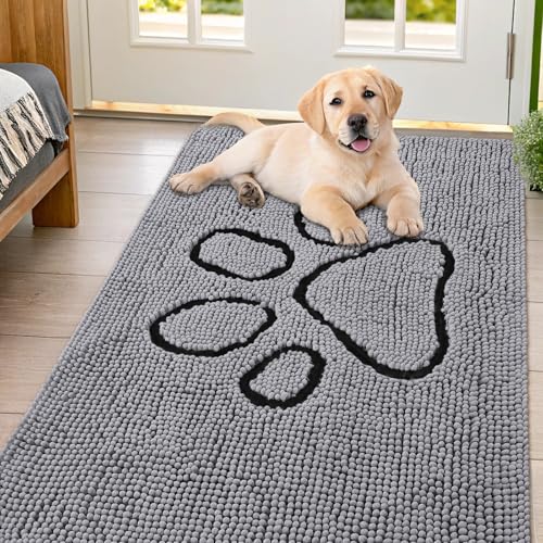 Image of Smiry Dog Door Mat for Muddy Paws, Absorbent Dirt Trapper Non Slip Quick Dry Washable Chenille Mat for Mud Dogs, Entry Rug for Indoor and Outdoor (54x32 Inches, Grey and Black)