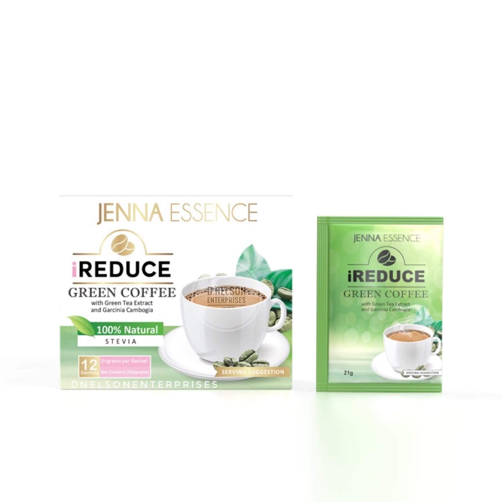 Jenna Essence Green Coffee With Green Tea Extract 100% Natural No Sugar Added, 12 Sachets X 21g