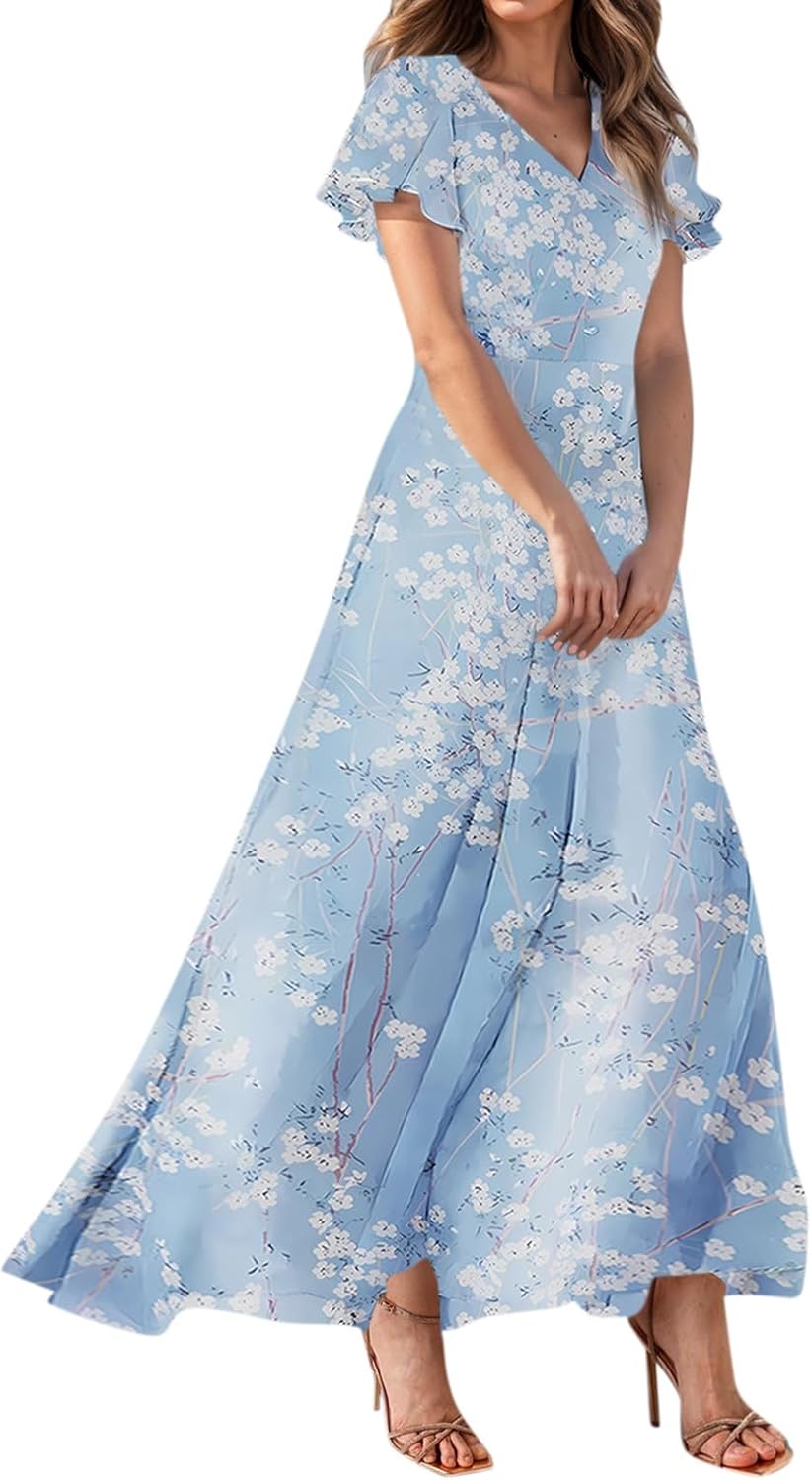 BAXLIMEK Beach Dresses for Women,2025 Spring Summer Elegant Trendy Floral Print Boho Dress,Casual Loose V Neck Short Sleeve Chiffon Maxi Dress,Flowy Ruched Vacation Dress Cruise Outfits(C-Sky Blue,S)