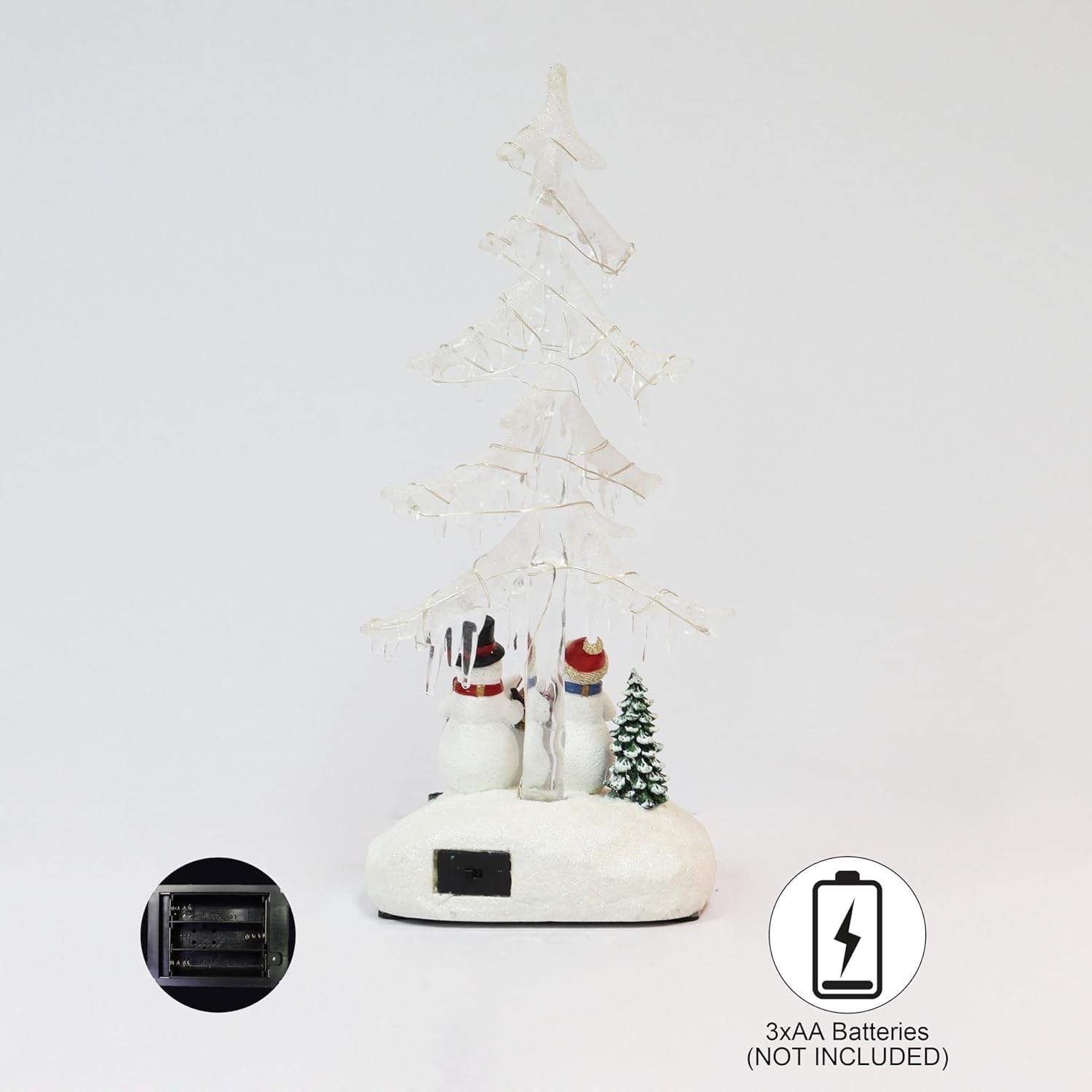 MOMENTS IN TIME Árbol de carámbanos acrílico iluminado por LED de 33 cm de alto con muñeco de nieve, coro de Navidad
