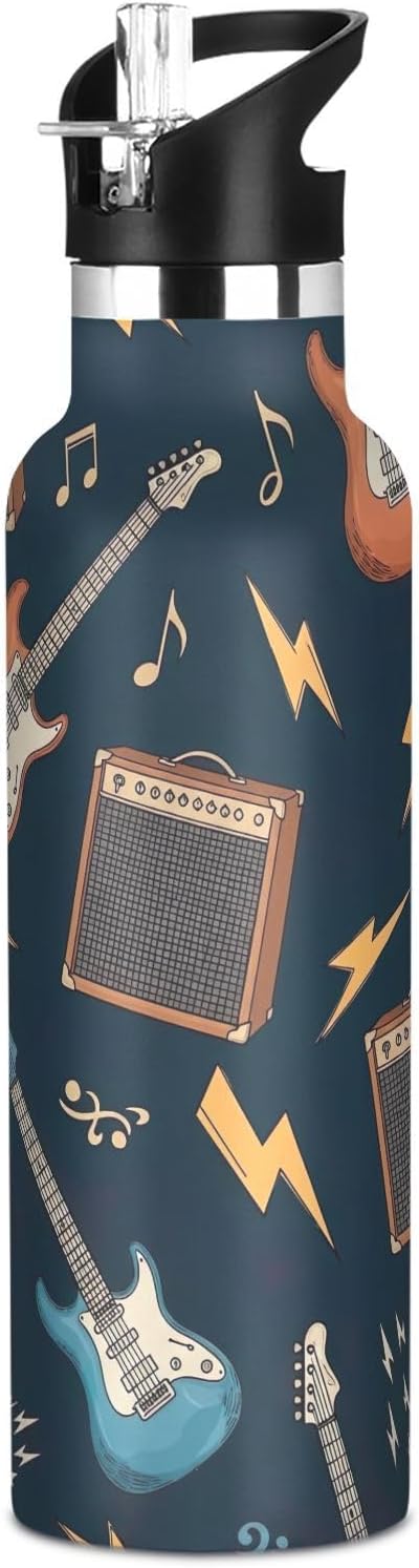 Kids Water Bottle with Straw for School 20 Oz Water Bottle Insulated for Boys Girls, BPA-Free, Cute Guitars Dark Blue